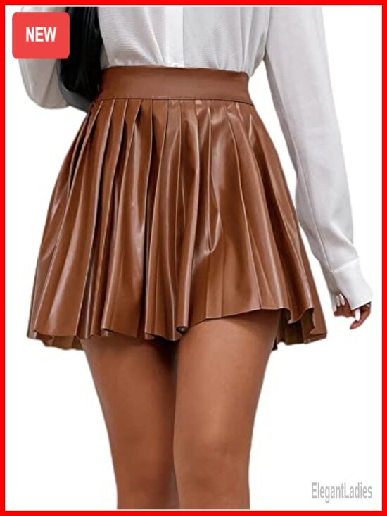 Dresses & Skirts - Faux Leather High Waisted Pleated Skater Mini Skirt